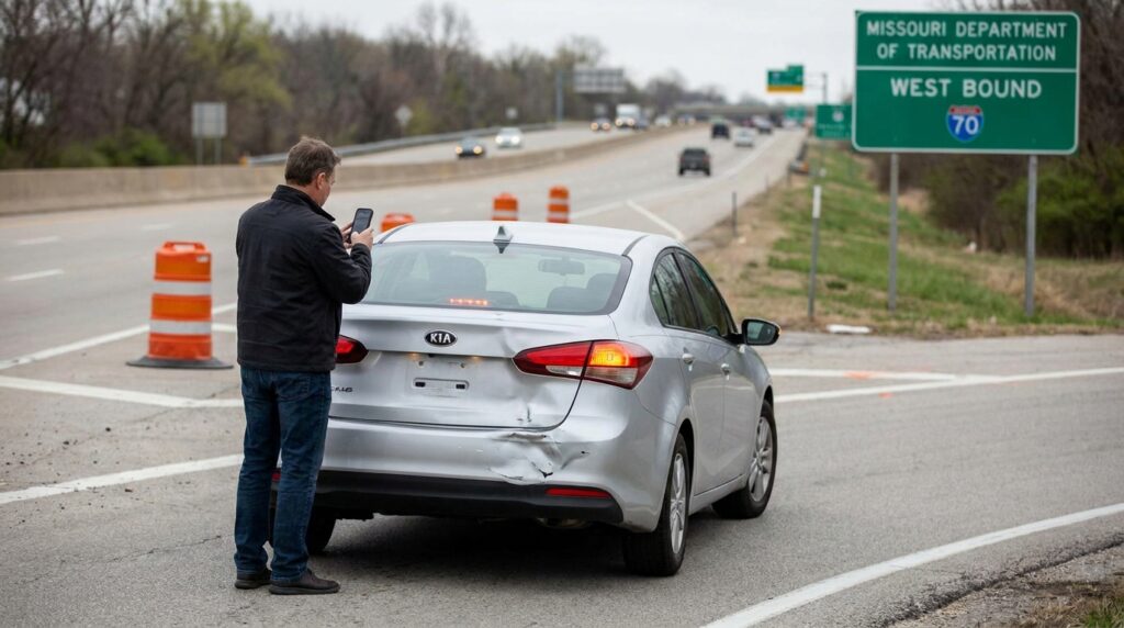 man photographing damaged Kia sedan on Interstate 70 westbound Missouri highway