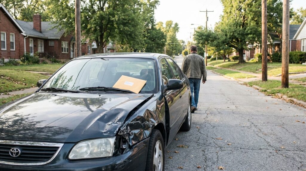 damaged Toyota sedan with envelope on windshield parked on residential street
