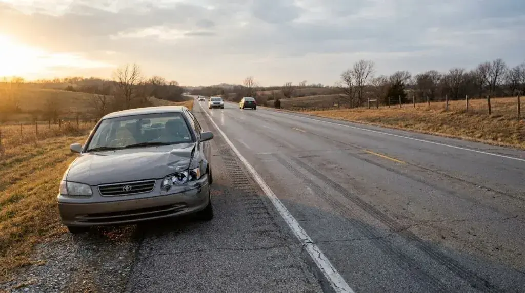 Toyota sedan with front-end collision damage pulled over on rural highway