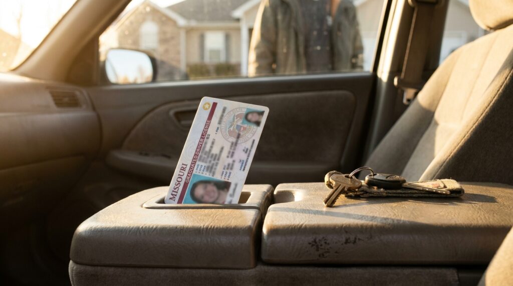 Missouri graduated driver license and car keys resting on vehicle center console