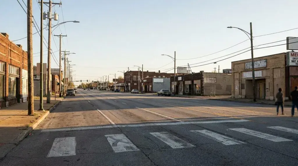urban street intersection with crosswalk, storefronts, utility poles, and pedestrians