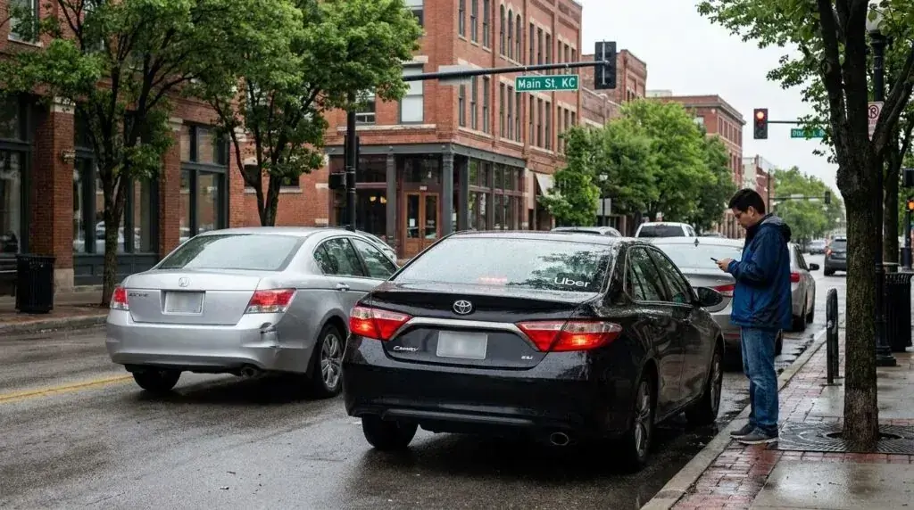 Uber-labeled Toyota Camry stopped on Main Street KC as pedestrian checks phone