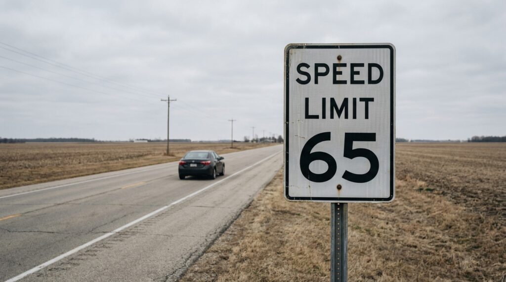 Speed Limit 65 sign posted along rural highway with passing vehicle