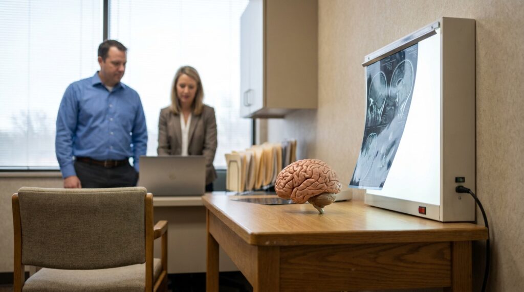 anatomical brain model on desk beside illuminated MRI scan lightbox with two professionals reviewing laptop