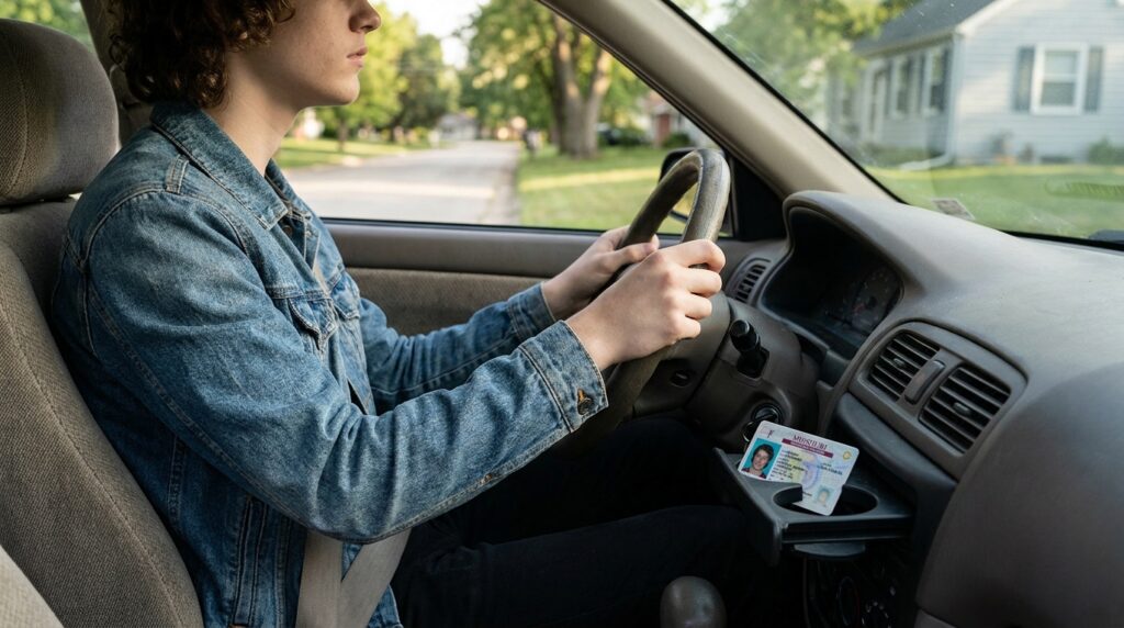young driver gripping steering wheel with driver's license visible on dashboard