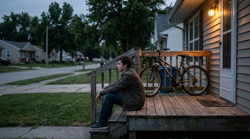 teenage boy sitting alone on wooden porch steps beside parked bicycle at dusk