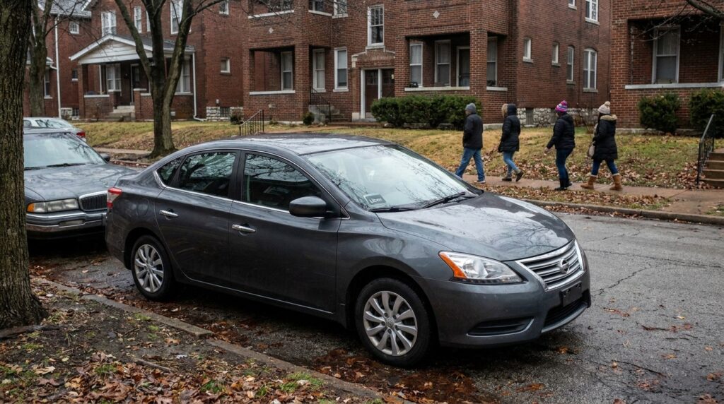 Uber-branded sedan parked on residential street with pedestrians walking nearby