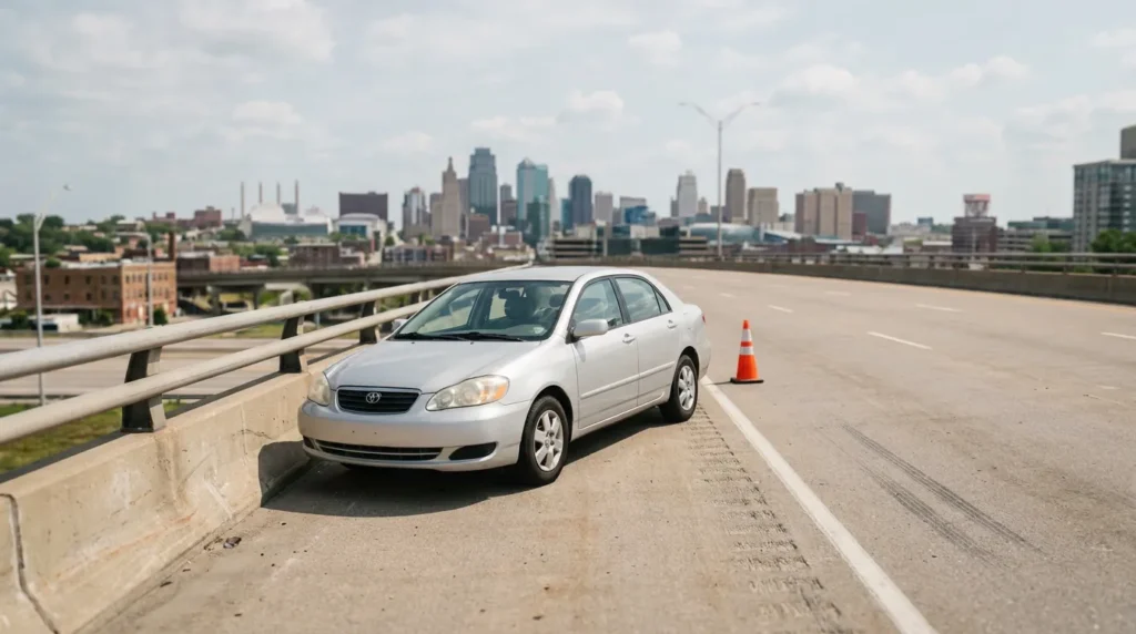 sedan stopped against highway guardrail with traffic cone and city skyline