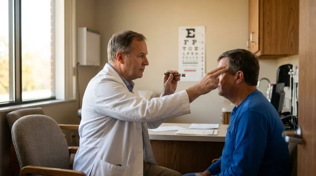 doctor in white coat examining patient's eye with penlight in medical office