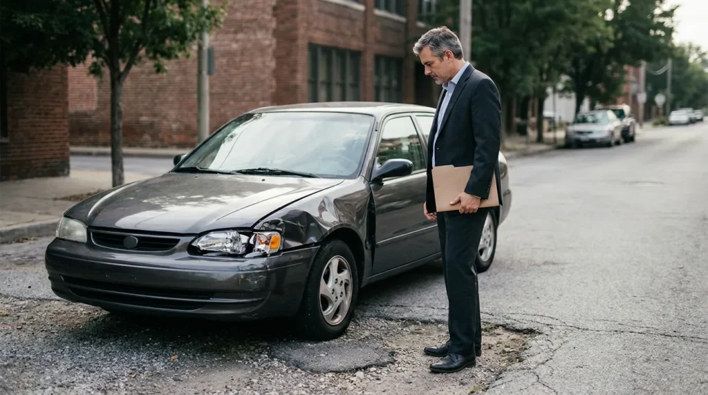 suited man holding folder inspecting damaged sedan with crumpled front end on street