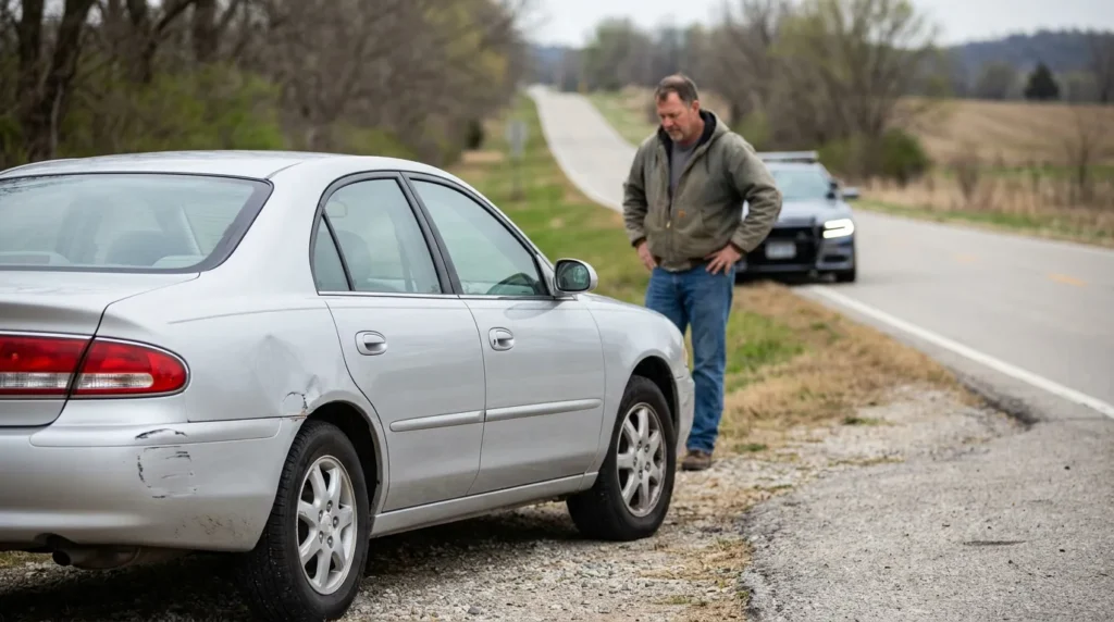man standing beside damaged sedan pulled over on rural roadside after collision
