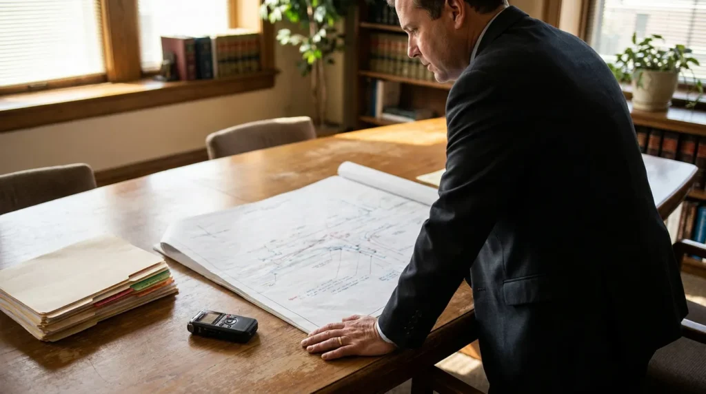 suited attorney leaning over large diagram spread across law office conference table