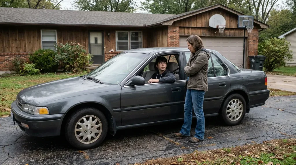 teenage driver seated in sedan speaking with adult woman in residential driveway