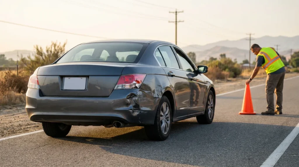 sedan with rear side collision damage stopped on road near safety cone