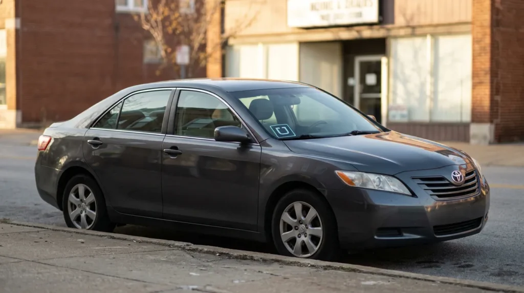 Toyota sedan with Uber logo displayed on windshield parked on city street