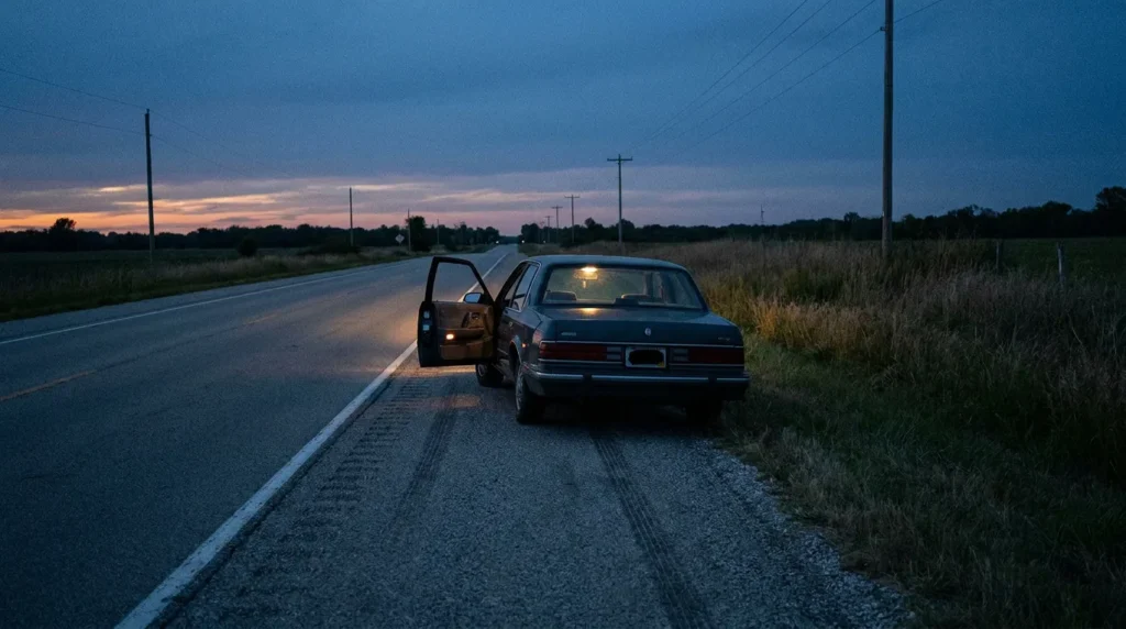 sedan with open door pulled over on rural highway at dusk