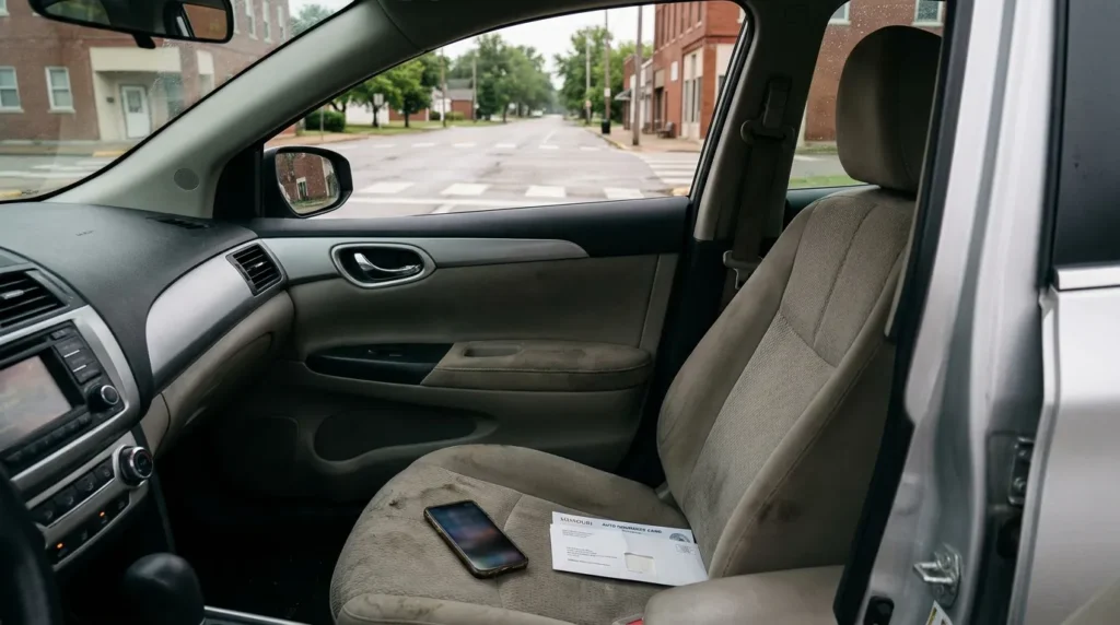 smartphone and auto insurance card resting on passenger seat of parked vehicle