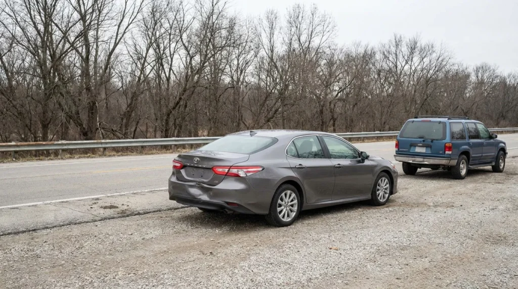 Toyota Camry sedan and SUV stopped on roadside gravel shoulder near highway guardrail