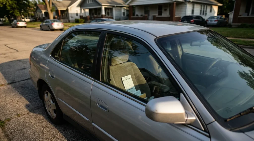 sedan parked on residential street with official document visible on front seat