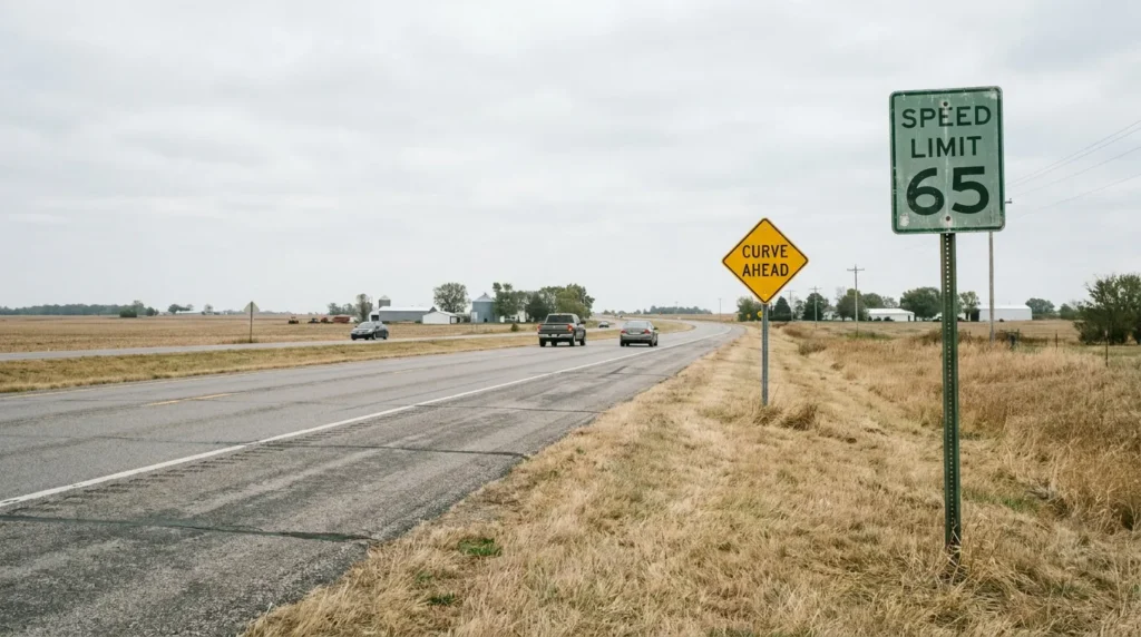 Speed Limit 65 and Curve Ahead signs on rural highway with passing vehicles