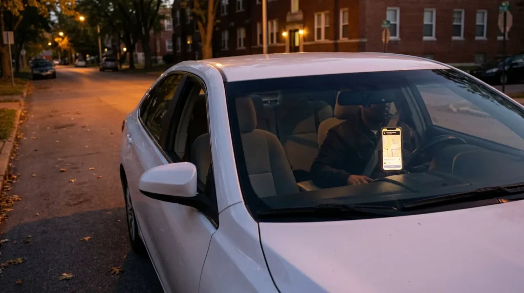 rideshare driver seated in sedan holding illuminated smartphone navigation app