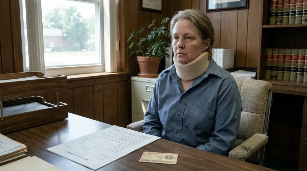 injured woman wearing neck brace seated at law office desk with legal documents