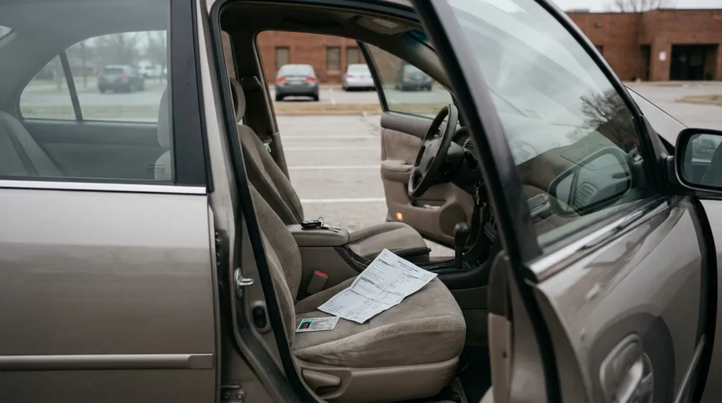 car interior with driver's license and document resting on front seat
