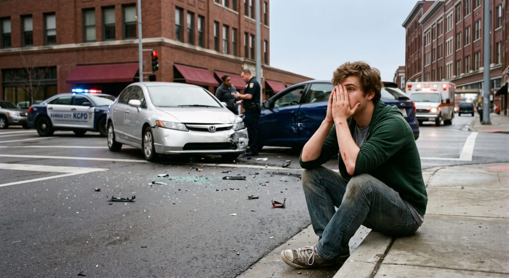 Young man sitting at the roadside after a car accident in Kansas City, Missouri