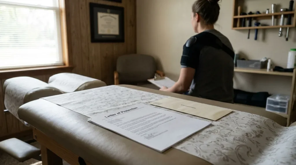 Letter of Protection document on medical treatment table in chiropractic office