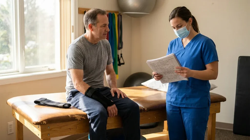 masked physical therapist reviewing patient chart with man wearing knee brace on treatment table