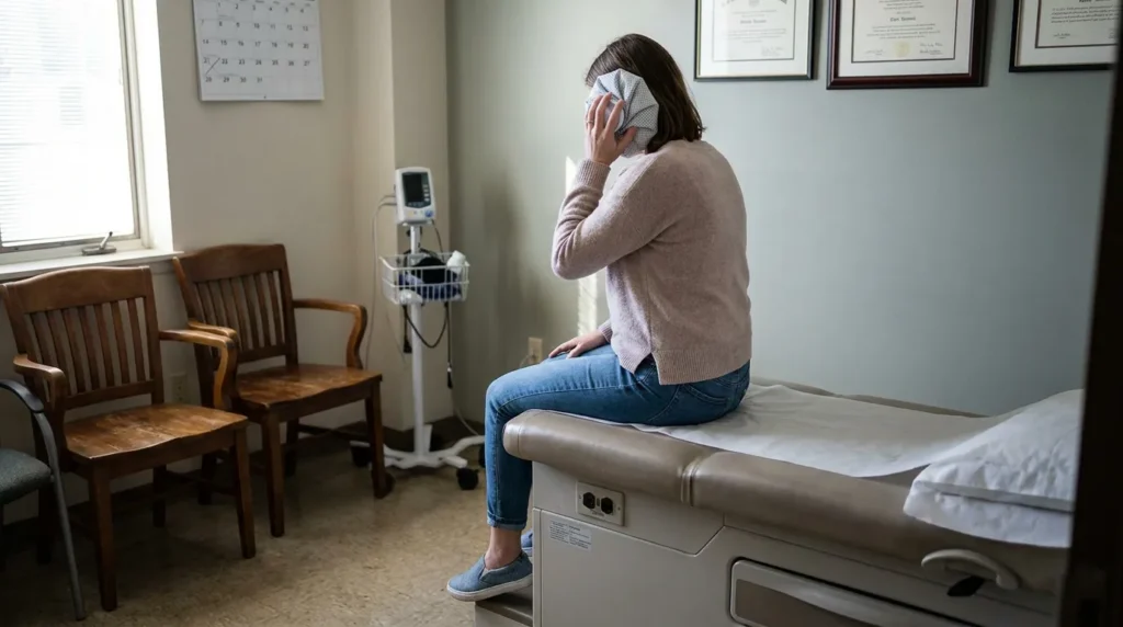 woman sitting on medical exam table holding ice pack to face