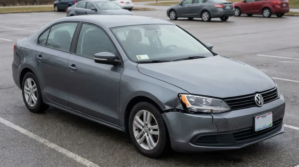 Volkswagen Jetta sedan with front bumper damage parked in parking lot