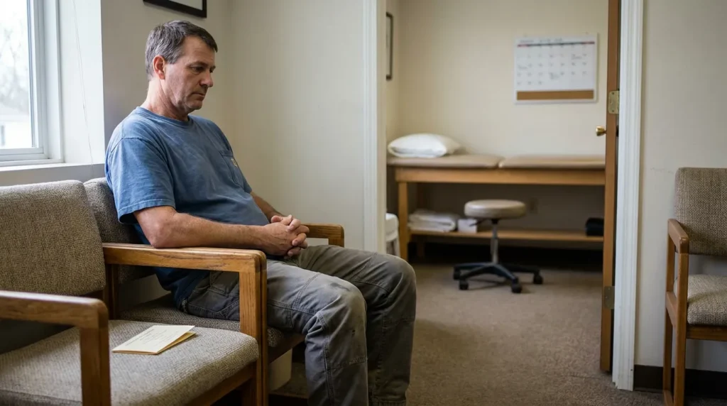 man sitting alone in medical waiting room with hands clasped