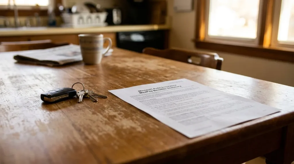 Missouri Auto Insurance MedPay Benefits Summary document and car keys on wooden table