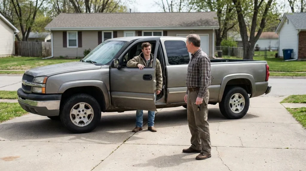 two men conversing beside pickup truck with open door in residential driveway