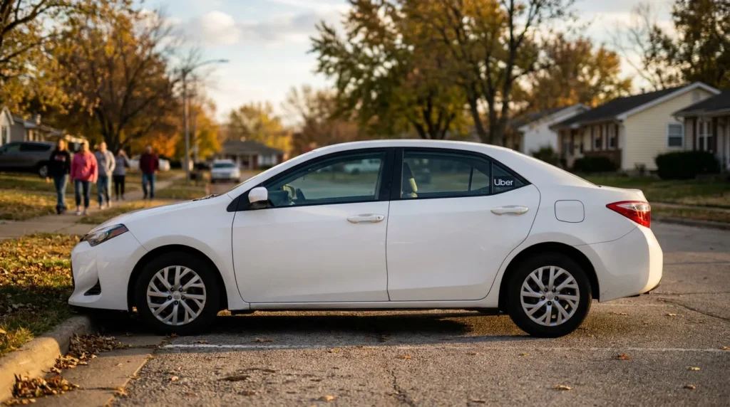 Uber-branded sedan parked on residential street with pedestrians walking nearby