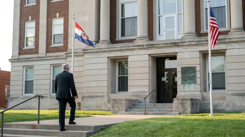 suited attorney walking toward courthouse entrance with Missouri and US flags