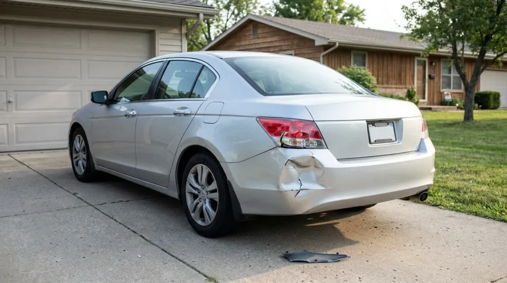sedan with crumpled rear bumper and detached panel on driveway