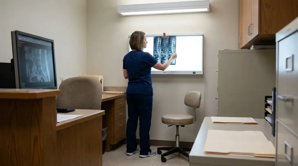 medical professional in scrubs examining spinal X-rays on illuminated wall lightbox