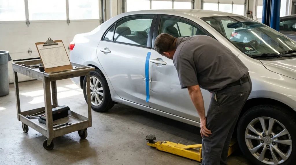 auto body technician inspecting dented sedan door with clipboard and tools nearby
