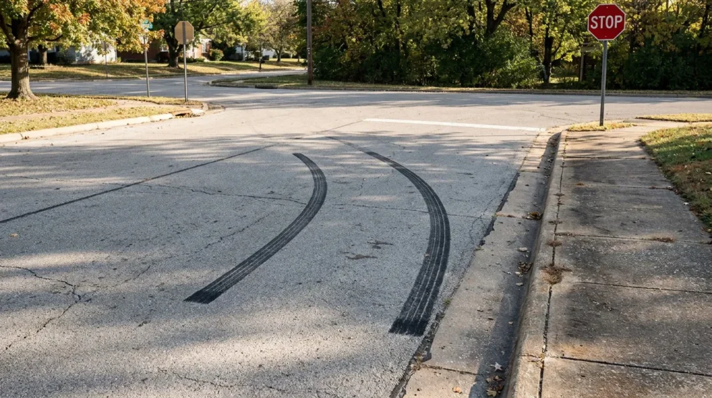 curved tire skid marks on residential intersection pavement near stop sign