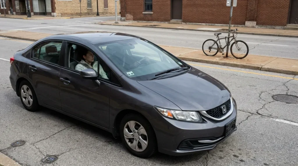 woman driving Honda Civic sedan through urban intersection near brick building