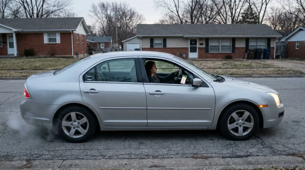 driver operating sedan while viewing mounted smartphone screen in residential neighborhood