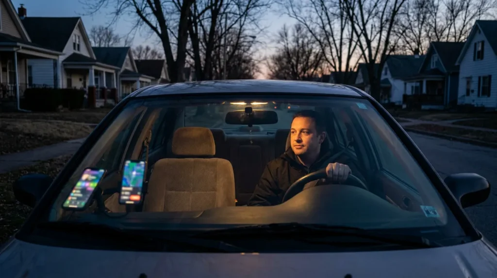 male driver seated behind steering wheel with smartphone mounted on dashboard at dusk